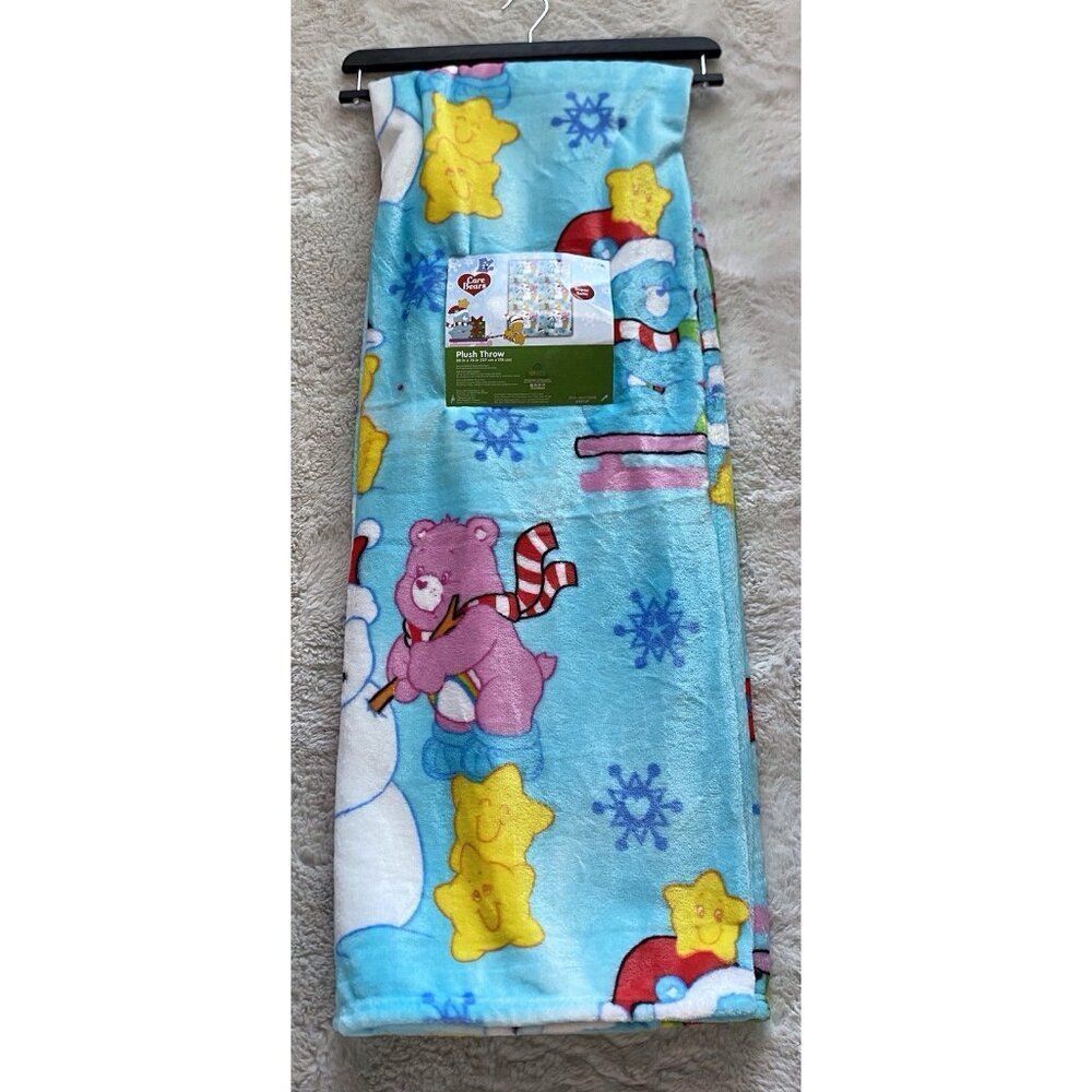 Care Bears Christmas Blanket Throw BLUE 50 X 70”‎ Snowman Holiday Sled Viral NEW